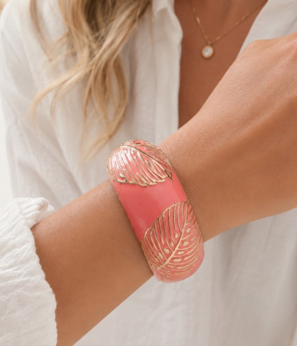 Sequins Pink Gold Monstra Palm Leaf Hinge Bracelet New